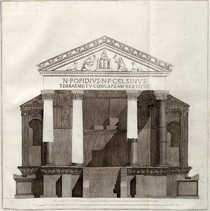 VIII.7.28 Pompeii. 1804 drawing by Piranesi of temple front view, showing a reconstruction of the portico.
At the top of the pediment are moulded reliefs of the winged figures holding shields and armour.
See Piranesi, F, 1804. Antiquites de la Grande Grece: Tome II. Paris: Piranesi and Le Blanc, pl. LXIX.