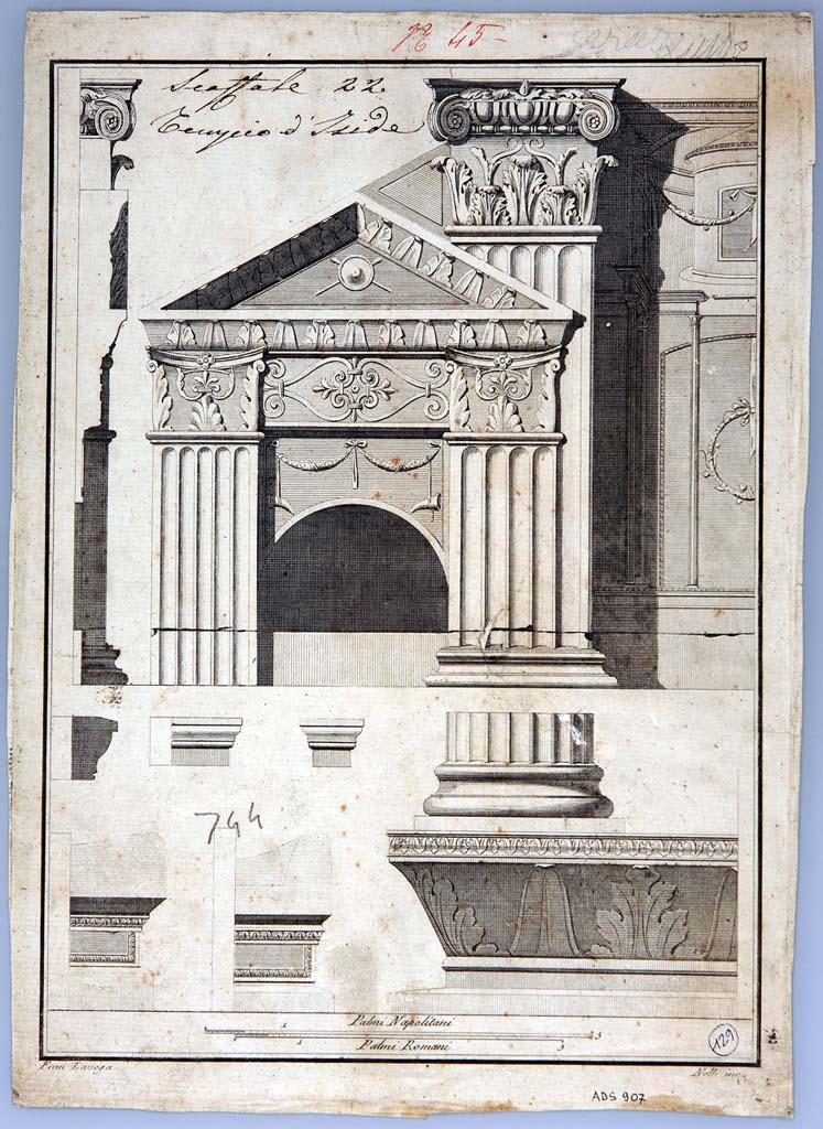 VIII.7.28 Pompeii. Engraving by Francesco La Vega of temple architecture including the front left side alcove.
Now in Naples Archaeological Museum. Inventory number ADS 907.
Photo © ICCD. http://www.catalogo.beniculturali.it
Utilizzabili alle condizioni della licenza Attribuzione - Non commerciale - Condividi allo stesso modo 2.5 Italia (CC BY-NC-SA 2.5 IT)