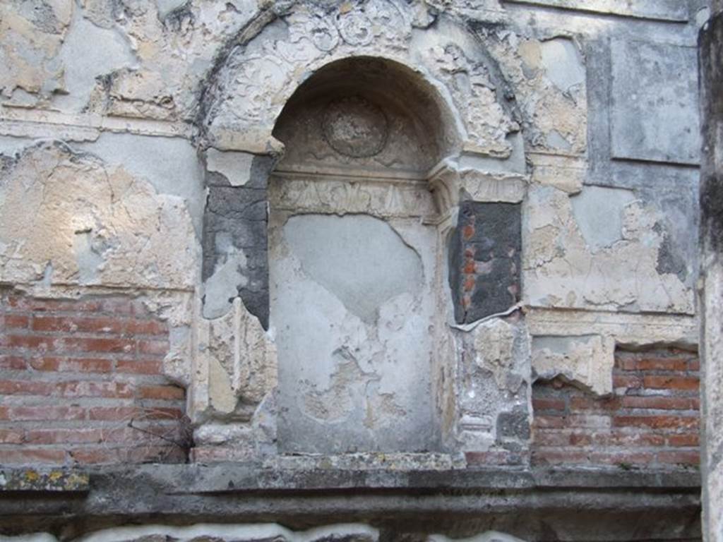 VIII.7.28 Pompeii. December 2007. West rear wall of Temple Cella.
Niche which contained the statue of Bacchus (Dionysus) with his panther.