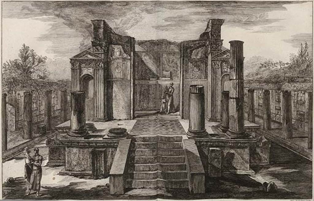 VIII.7.28 Pompeii. 1804 drawing by Piranesi of temple front view, showing also the portico mosaic.
See Piranesi, F, 1804. Antiquites de la Grande Grece: Tome II. Paris: Piranesi and Le Blanc, pl. LXVI.