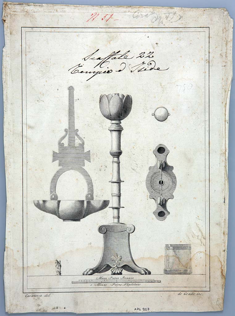 VIII.7.28 Pompeii. Drawing by Giovanni Battista Casanova of various items including lamps and candelabra from temple.
Now in Naples Archaeological Museum. Inventory number ADS 927.
Photo © ICCD. http://www.catalogo.beniculturali.it
Utilizzabili alle condizioni della licenza Attribuzione - Non commerciale - Condividi allo stesso modo 2.5 Italia (CC BY-NC-SA 2.5 IT)