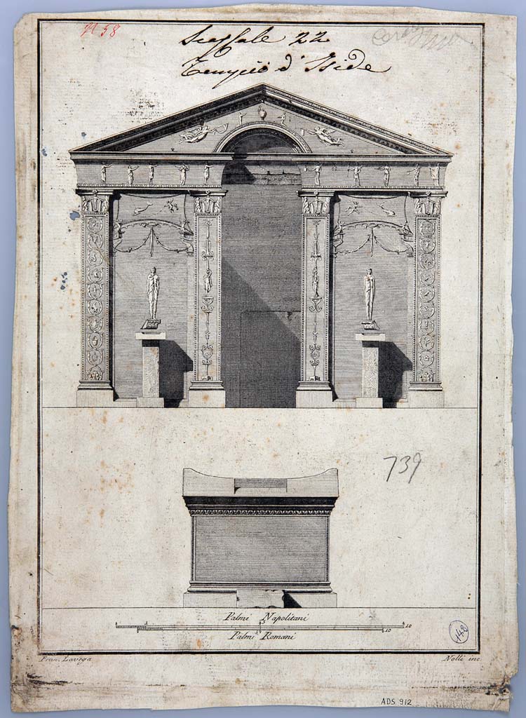 VIII.7.28 Pompeii. Engraving by Francesco La Vega of purgatorium front and altar.
Now in Naples Archaeological Museum. Inventory number ADS 912.
Photo © ICCD. http://www.catalogo.beniculturali.it
Utilizzabili alle condizioni della licenza Attribuzione - Non commerciale - Condividi allo stesso modo 2.5 Italia (CC BY-NC-SA 2.5 IT)