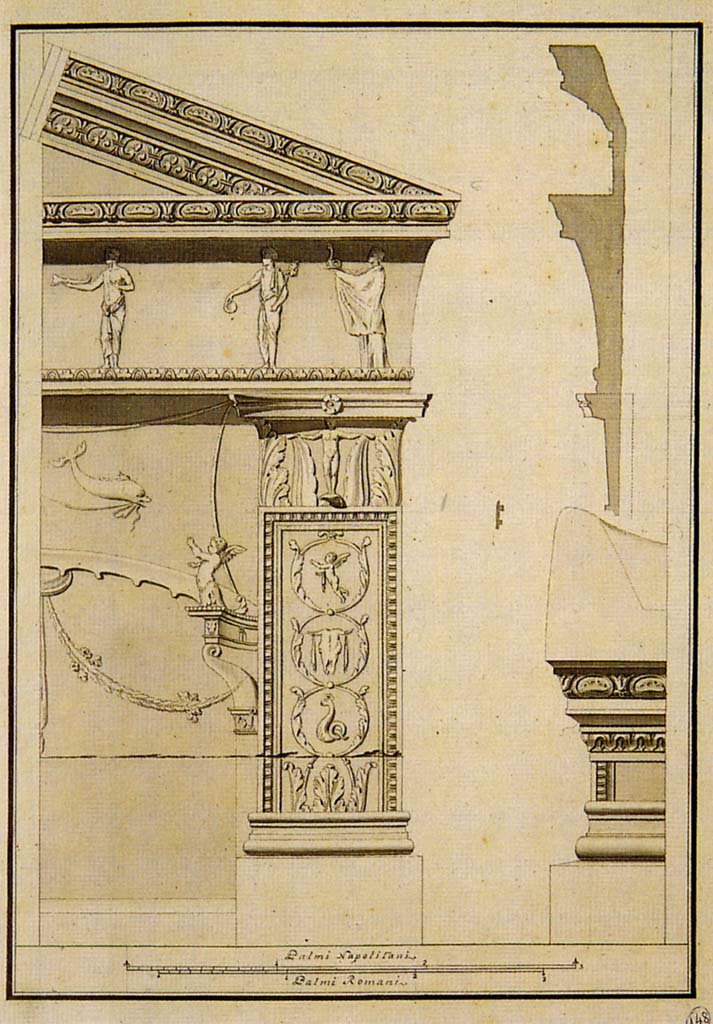 VIII.7.28 Pompeii. Engraving by Francesco La Vega of stucco detail of purgatorium upper right front part.
Now in Naples Archaeological Museum. Inventory number ADS 913.
Photo © ICCD. http://www.catalogo.beniculturali.it
Utilizzabili alle condizioni della licenza Attribuzione - Non commerciale - Condividi allo stesso modo 2.5 Italia (CC BY-NC-SA 2.5 IT)