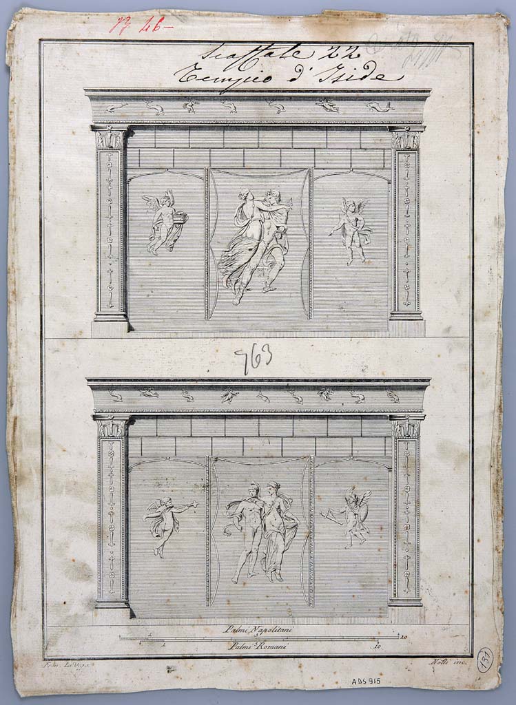 VIII.7.28 Pompeii. Drawing by Francesco La Vega of Purgatorium, east and west sides showing detail of stucco.
The upper part shows the west side with Perseus and Andromeda in the centre and with a cupid in both of the side panels.
The lower part shows the east side with Mars and Venus in the centre, with a cupid in both of the side panels.
Now in Naples Archaeological Museum. Inventory number ADS 915.
Photo © ICCD. http://www.catalogo.beniculturali.it
Utilizzabili alle condizioni della licenza Attribuzione - Non commerciale - Condividi allo stesso modo 2.5 Italia (CC BY-NC-SA 2.5 IT)