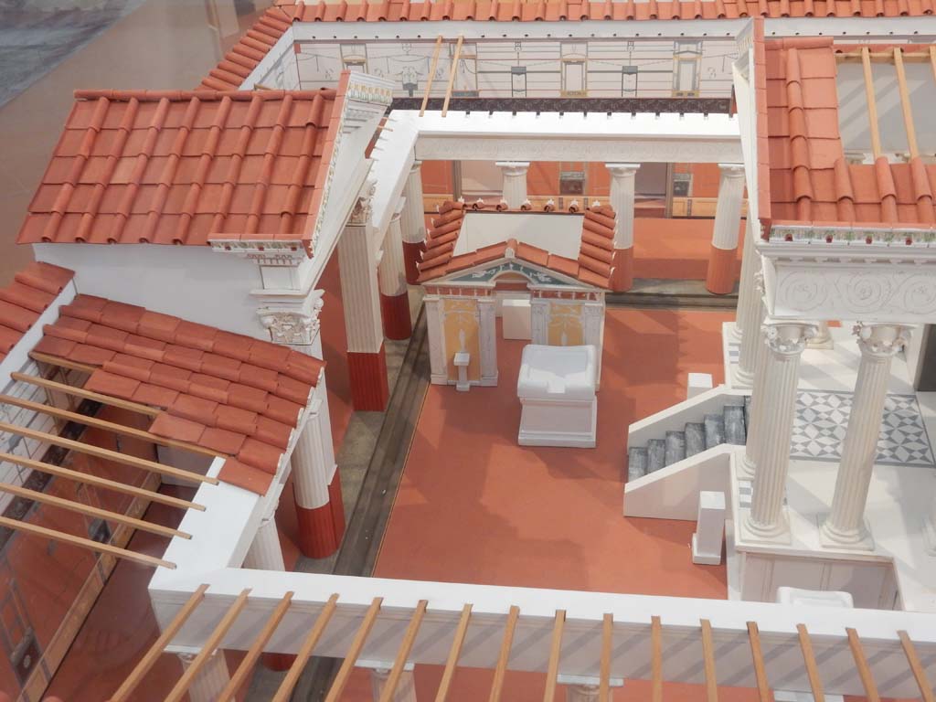 VIII.7.28 Pompeii. June 2019. Looking south along east portico on model now in Naples Archaeological Museum. Photo courtesy of Buzz Ferebee.