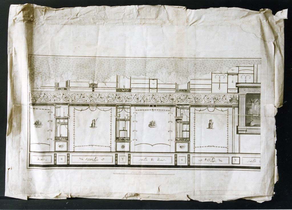 VIII.7.28 Pompeii. 18th century painting of north end of east portico wall by Giovanni Battista Casanova.
Now in Naples Archaeological Museum. Inventory number 394945.
Photo © ICCD. http://www.catalogo.beniculturali.it
Utilizzabili alle condizioni della licenza Attribuzione - Non commerciale - Condividi allo stesso modo 2.5 Italia (CC BY-NC-SA 2.5 IT)