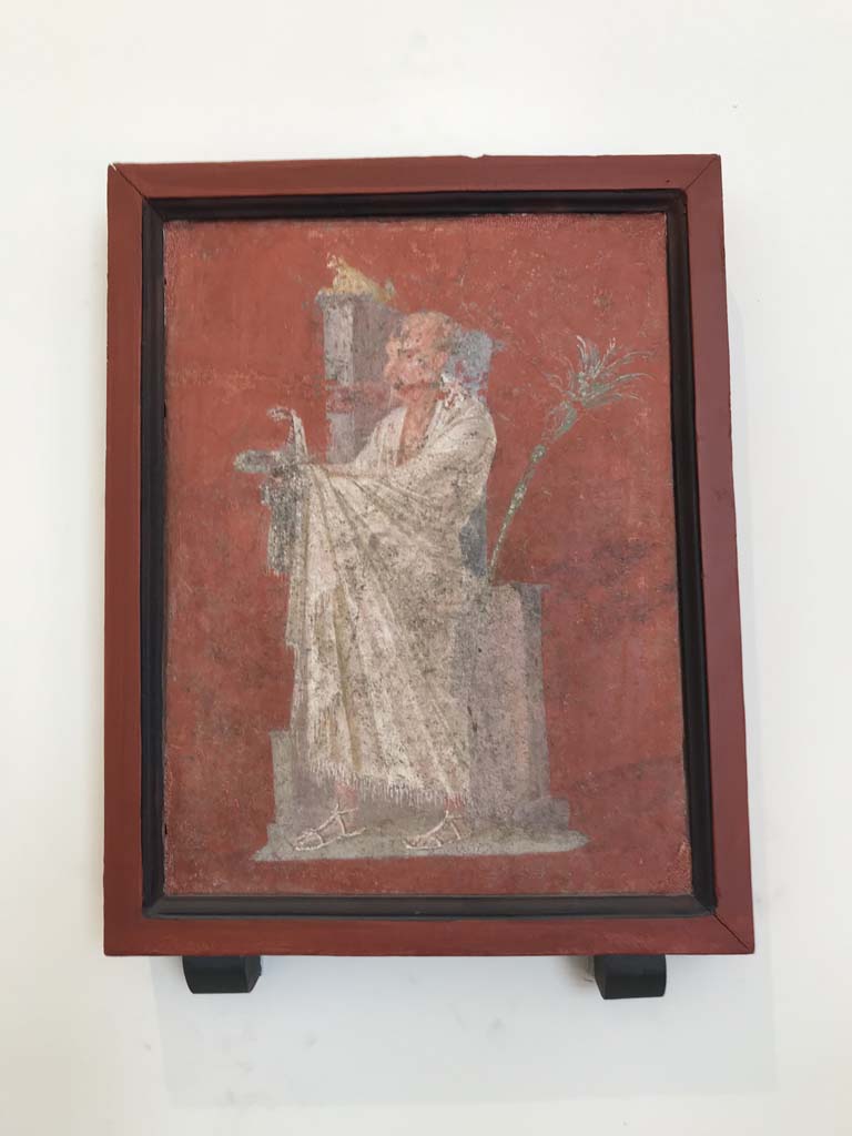 VIII.7.28 Pompeii. April 2019. Found on right feature of east portico.
Painting of a priest wearing a white robe from shoulder to ankles.
A cobra is on a rose crown held out in his hands.
Now in Naples Archaeological Museum. Inventory number 8922.
Photo courtesy of Rick Bauer.