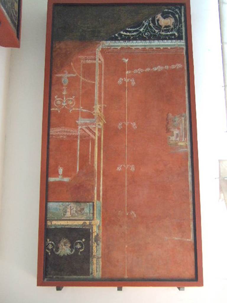 VIII.7.28 Pompeii. Panel with landscape and architecture. Found in central feature of south wall. Now in Naples Archaeological Museum.