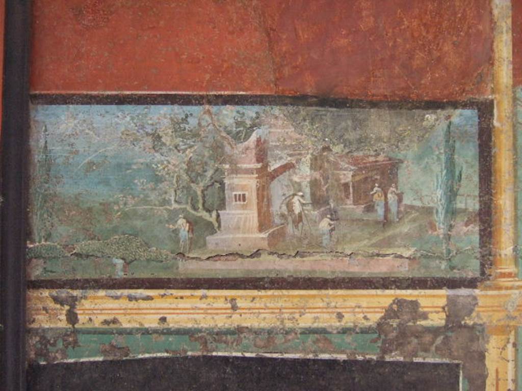 VIII.7.28 Pompeii. Detail of landscape from panel with landscape and architecture. Found in central feature of south wall. Now in Naples Archaeological Museum.