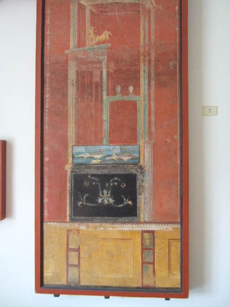 VIII.7.28 Pompeii. Architectural painting with naval scene. From panel found in feature in right part of south wall. Now in Naples Archaeological Museum.