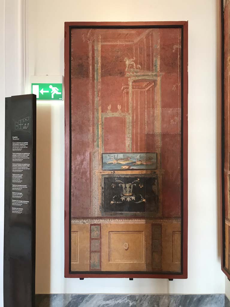 VIII.7.28 Pompeii. April 2019. Painted panel from portico, from the right part of the south wall.
Now in Naples Archaeological Museum. Inventory number 8527.
Photo courtesy of Rick Bauer.