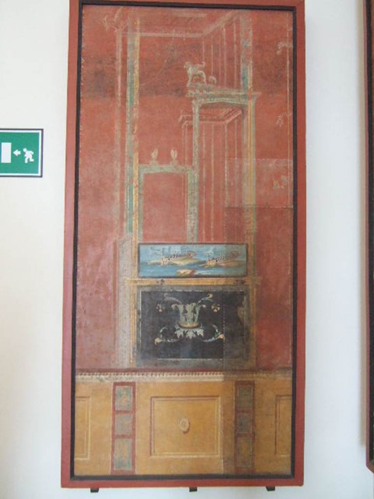 VIII.7.28 Pompeii. Painted panel with architecture and naval scene.
Now in Naples Archaeological Museum.