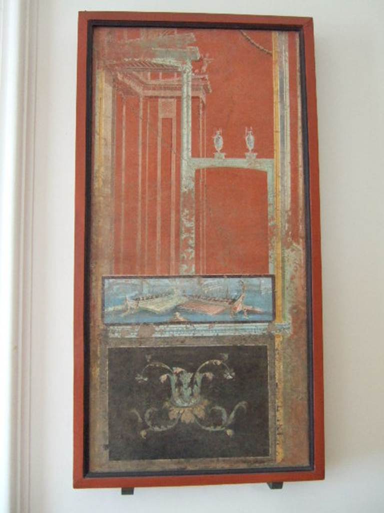 VIII.7.28 Pompeii. Painted panel with architecture and naval scene.
Now in Naples Archaeological Museum.