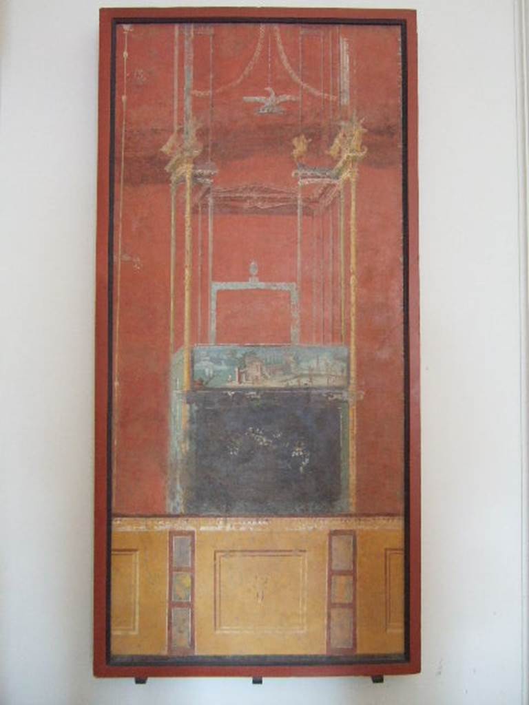 VIII.7.28 Pompeii. Painted panel with architecture with a landscape scene.
Now in Naples Archaeological Museum.