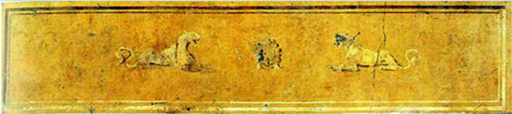 VIII.7.28 Pompeii. Zoccolo of south portico. Painting of gorgoneion between lionesses.
Now in Naples Archaeological Museum. Inventory number 8547.