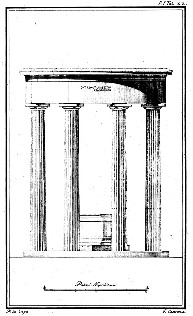 VIII.7.32 Pompeii Triangular Forum. 1797 drawing of Thólos with inscription, by Pietro La Vega.
See Rosini, C. M., 1797. Dissertationes isagogicae ad Herculanensium voluminum explanationem: pars prima, p. 87-8, Tav. XX.