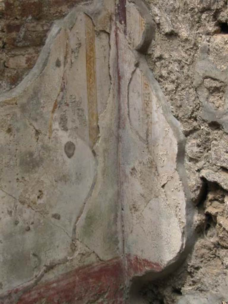 IX.1.16 Pompeii. May 2003. Detail of remaining painted wall plaster in north-west corner of rear room. Photo courtesy of Nicolas Monteix.