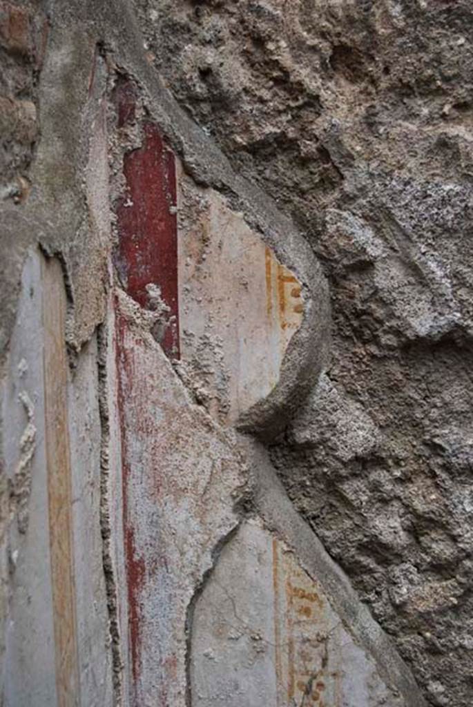 IX.1.16 Pompeii. May 2013. Detail of remaining painted wall plaster in north-west corner of rear room. Photo courtesy of Paula Lock.