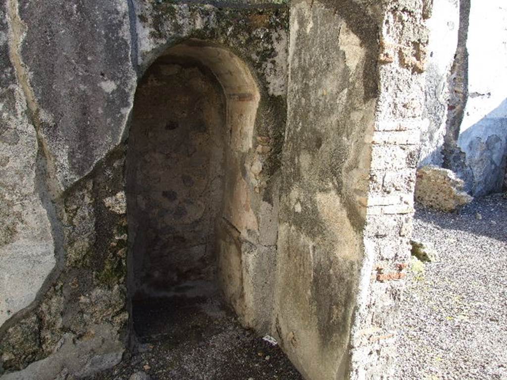 IX.1.18 Pompeii. December 2006. Painted small vaulted niche in south-east corner of cubiculum. According to Gallo, on the south end of the east wall of the cubiculum was a niche still with the vaulted arch in a discreet state of preservation. In the centre of the vault painted on a white background, was a square painting of an uncertain subject. This was in the centre of a garland in the shape of a wreath with leaves. These were then framed by quarters of circles at the corners and half-circles in the centre of the sides and with garlands as shutters, defining the vault, on both sides.
See Gallo, A. (2001): Pompei, L�insula I della Regione IX, Settore Occidentale, Rome, �L�ERMA� di BRETSCHNEIDER, (p.56), in Studi della Soprintendenza archeologica di Pompei: 1.
