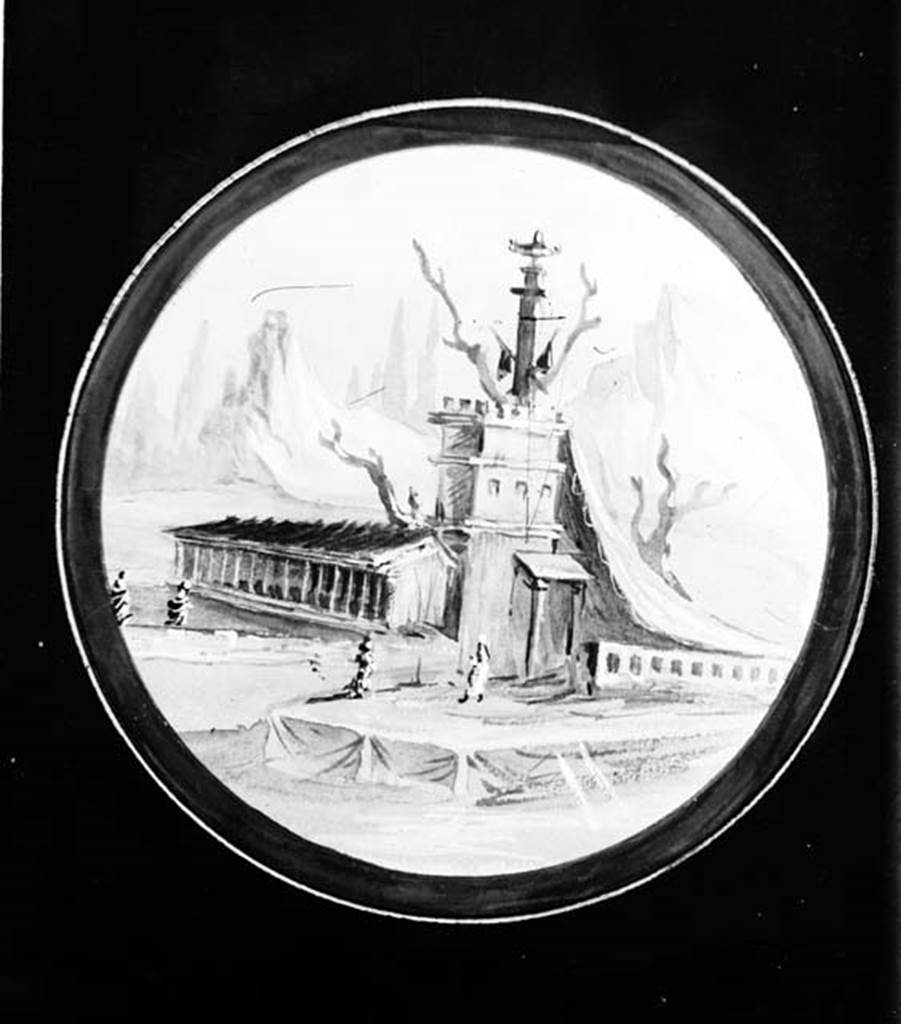 IX.1.22 Pompeii. W.1431.
Medallion with landscape, from an unknown location on a wall of the atrium, now faded/disappeared.
Painted c. July 1880.
Photo by Tatiana Warscher. Photo © Deutsches Archäologisches Institut, Abteilung Rom, Arkiv.