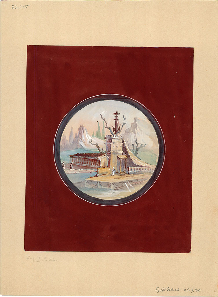 IX.1.22 Pompeii. Painted 25th July 1880.
Medallion with landscape, from an unknown location on a wall of the atrium, now faded/disappeared.
DAIR 83.215. Photo © Deutsches Archäologisches Institut, Abteilung Rom, Arkiv.