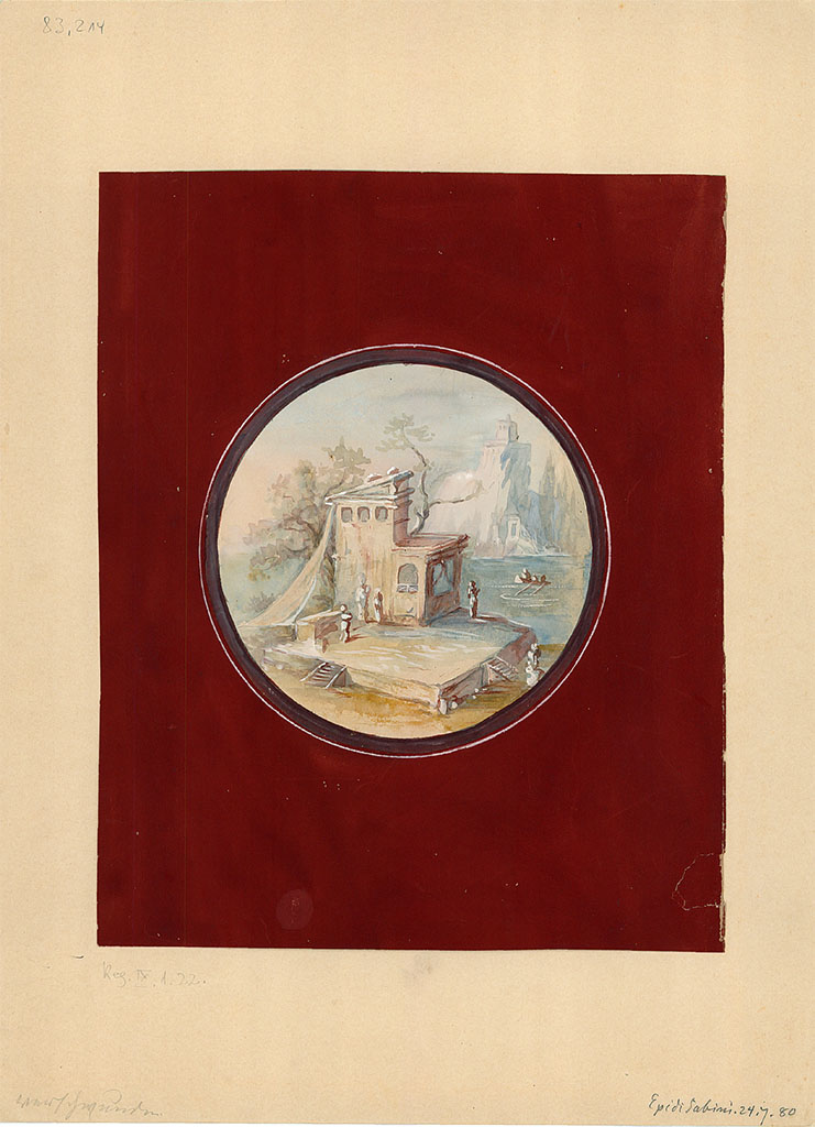 IX.1.22 Pompeii. Painted 24th July 1880.
Medallion with landscape, from an unknown location on a wall of the atrium, now faded and disappeared.
DAIR 83.214. Photo © Deutsches Archäologisches Institut, Abteilung Rom, Arkiv.