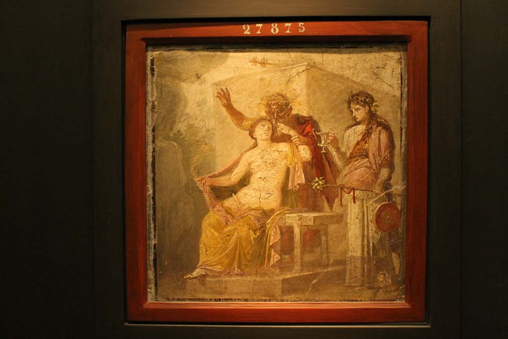 IX.1.22 Pompeii. July 2017. Painting of Hermaphrodite and Silenus. Found in tablinum of IX.1.22 Pompeii, from west wall.
Now in Naples Archaeological Museum. Inventory number 27875.
Foto Annette Haug, ERC Grant 681269 DÉCOR.