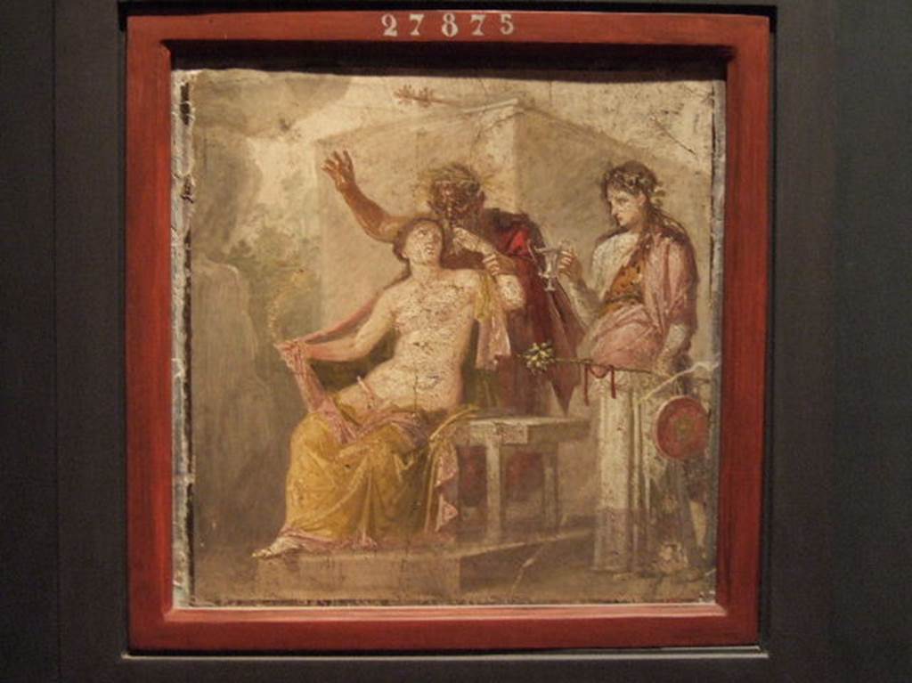 Painting of Hermaphrodite and Silenus. Found in tablinum of IX.1.22 Pompeii, from west wall. Now in Naples Archaeological Museum, inventory number 27875. Helbig identifies: Tablinum: Pan and Eros, 407, Hermaphrodite, 1371b. See Helbig, W., 1868. Wandgemälde der vom Vesuv verschütteten Städte Campaniens. Leipzig: Breitkopf und Härtel. (1371b).