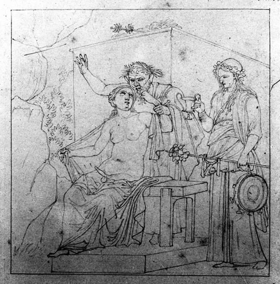 231936 Bestand-D-DAI-ROM-W.351.jpg
IX.1.22 Pompeii. W.351. Room 7, drawing of Hermaphrodite and Silenus from centre of west wall of tablinum.
Now in Naples Archaeological Museum, inventory number 27875.
Photo by Tatiana Warscher. Photo © Deutsches Archäologisches Institut, Abteilung Rom, Arkiv.
See Helbig, W., 1868. Wandgemälde der vom Vesuv verschütteten Städte Campaniens. Leipzig: Breitkopf und Härtel. (1371b).