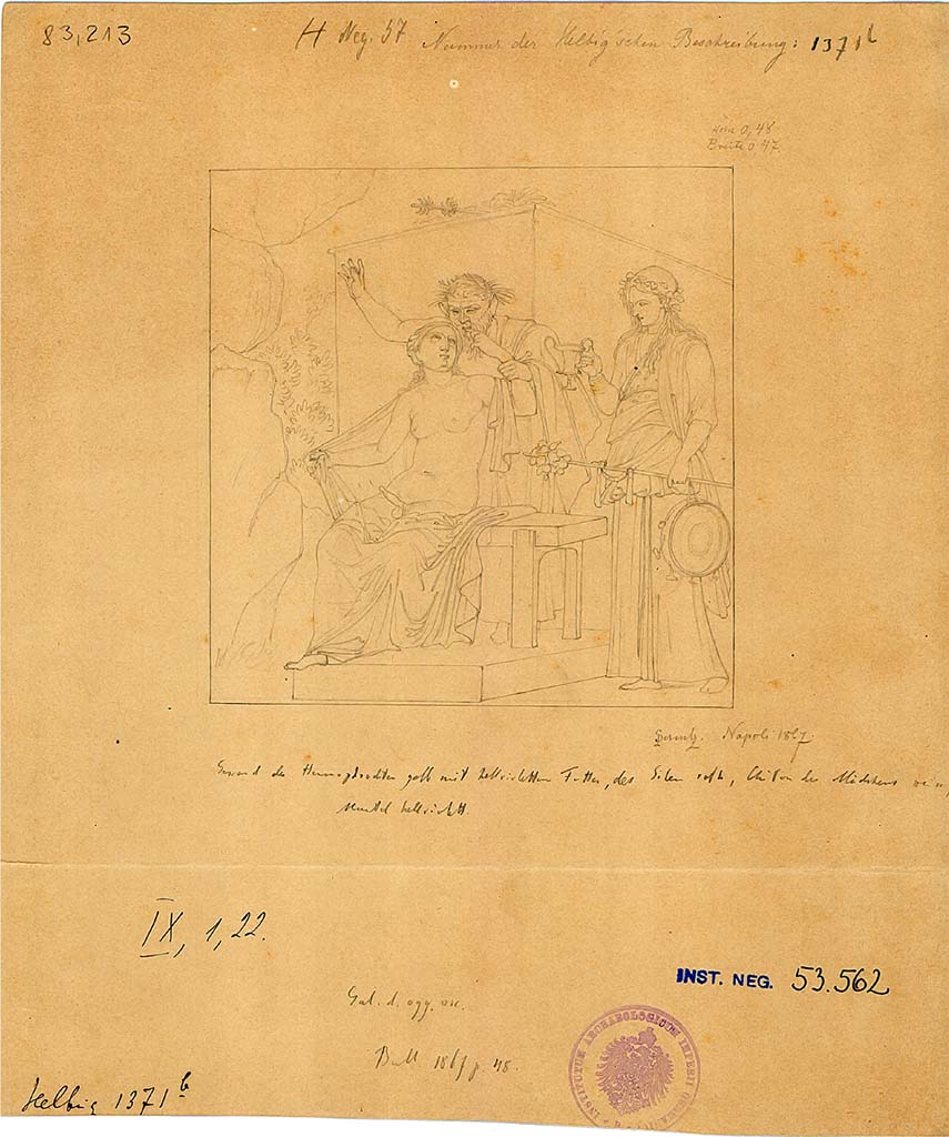 IX.1.22 Pompeii. W.351. Room 7, drawing of Hermaphrodite and Silenus from centre of west wall of tablinum.
Now in Naples Archaeological Museum, inventory number 27875.
DAIR 83.213. Photo © Deutsches Archäologisches Institut, Abteilung Rom, Arkiv.
See Helbig, W., 1868. Wandgemälde der vom Vesuv verschütteten Städte Campaniens. Leipzig: Breitkopf und Härtel. (1371b).
