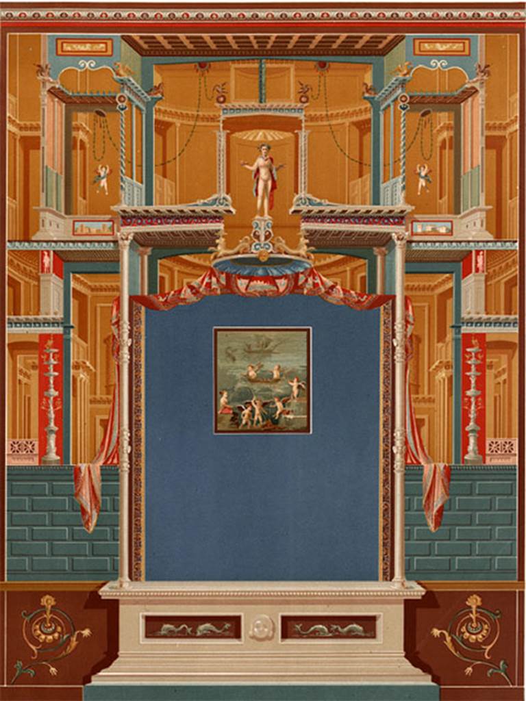 IX.1.22 Pompeii. Room 7, tablinum. 1886 painting of wall decoration, but with central painting of cupids in a boat.
See D’Amelio P., 1886. Dipinti Murali di Pompei. Naples: Richter. Pl. XVII.
Schefold said that this was how the severely destroyed west wall would have looked, except that the Hermaphrodite and Silenus painting would have been seen in the centre, and not the cupids.
See Schefold, K., 1957. Die Wände Pompejis. Berlin: De Gruyter. (p.237)
See also photo by Tatiana Warscher. W.347. http://arachne.uni-koeln.de/item/marbilderbestand/230934