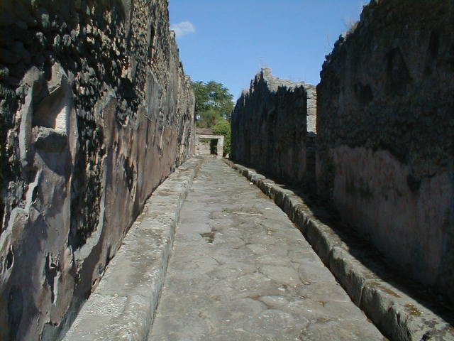 Vicolo di Balbo, Pompeii. September 2004. Looking east from junction with Via Stabiana. 
In November 1852, found in the small vicolo that precedes the shop at number 68 
(68 is IX.1.1 on the corner of Via Stabiana, on the right of this picture)
Painted graffiti in black
Q(uintum)  Marium  Rufum  aed(ilem)  […]  Fructus  cu[pidus (?)    [CIL IV 934]

Painted graffiti in red
Albucium  et  Casellium  aed(iles)    [CIL IV 935]

See Pagano, M. and Prisciandaro, R., 2006. Studio sulle provenienze degli oggetti rinvenuti negli scavi borbonici del regno di Napoli.  Naples : Nicola Longobardi.(p. 167)
