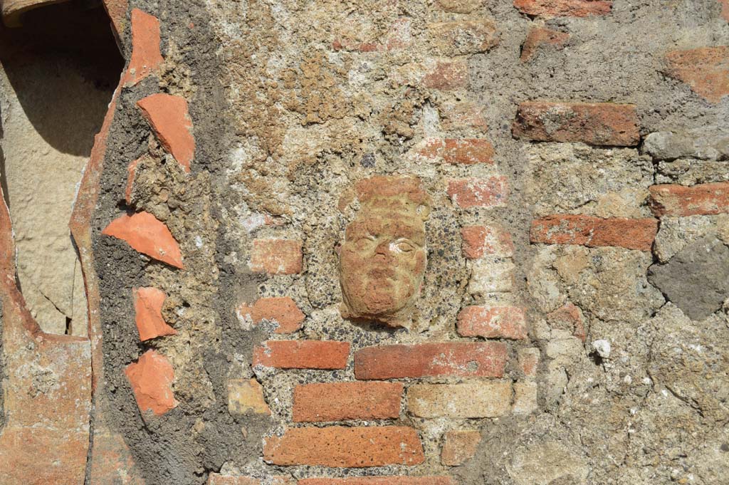 IX.2.2, on left, and IX.2.3, on right. March 2018. 
Detail from central pilaster with downpipe. In the centre of the pilaster is a small terracotta face.
Foto Taylor Lauritsen, ERC Grant 681269 D�COR.
