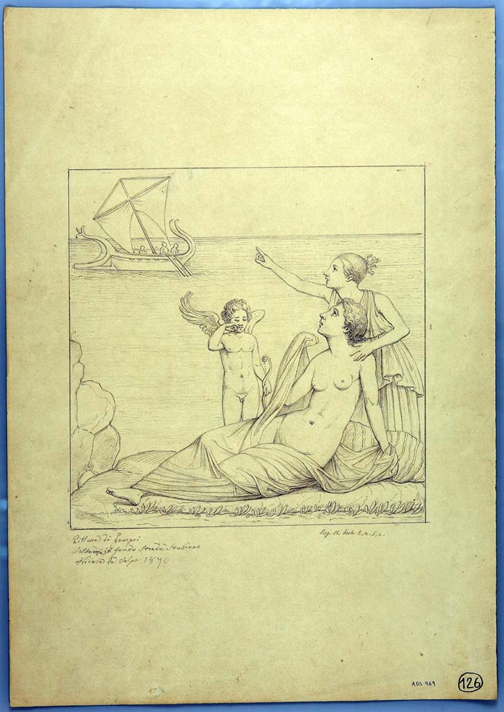 IX.2.5 Pompeii. Drawing by Nicola La Volpe, 1870, of painting from the centre of north wall of triclinium. 
Ariadne seated on the ground watching the ship of Theseus sailing away. 
Now in Naples Archaeological Museum. Inventory number ADS 969.
Photo � ICCD. http://www.catalogo.beniculturali.it
Utilizzabili alle condizioni della licenza Attribuzione - Non commerciale - Condividi allo stesso modo 2.5 Italia (CC BY-NC-SA 2.5 IT)
