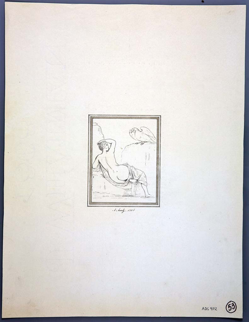 IX.2.7 Pompeii. Drawing by Aurelio Aurelj, 1868, for comparison with the above drawing by La Volpe which was made three years earlier.
The painting has now totally disappeared from the wall.
Now in Naples Archaeological Museum. Inventory number ADS 972.
Photo © ICCD. http://www.catalogo.beniculturali.it
Utilizzabili alle condizioni della licenza Attribuzione - Non commerciale - Condividi allo stesso modo 2.5 Italia (CC BY-NC-SA 2.5 IT)