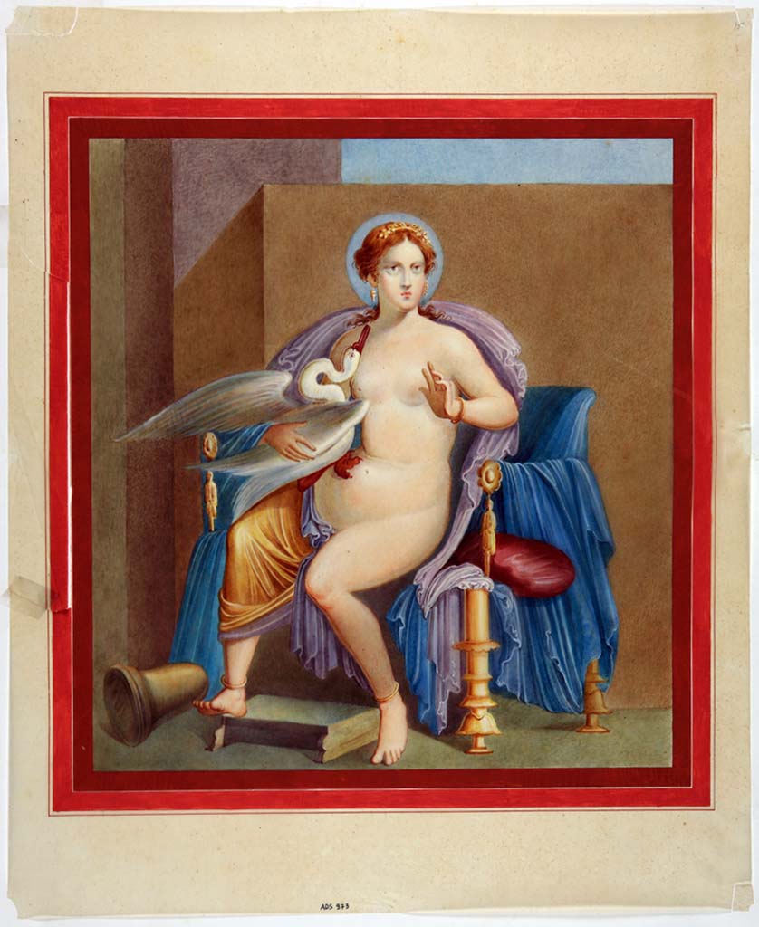 IX.2.7 Pompeii. Painting from west wall, north of the doorway of the triclinium, now completely faded from the wall.
Old 19th century copy of the painting with Leda and the swan, but Artist unknown.
See Helbig, W., 1868. Wandgemälde der vom Vesuv verschütteten Städte Campaniens. Leipzig: Breitkopf und Härtel, (143).
Now in Naples Archaeological Museum. Inventory number ADS 973.
Photo © ICCD. http://www.catalogo.beniculturali.it
Utilizzabili alle condizioni della licenza Attribuzione - Non commerciale - Condividi allo stesso modo 2.5 Italia (CC BY-NC-SA 2.5 IT)