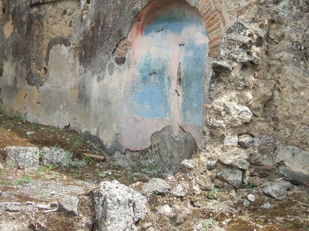IX.2.7 Pompeii. May 2006. Arched niche painted blue in wall at rear of the pool. This had a painting of a nymph who held in her hands a crater-shaped fountain from which water fell. The painted water was continued by a jet of real water which splashed into the pool.
See Jashemski, W. F., 1993. The Gardens of Pompeii, Volume II: Appendices. New York: Caratzas. (p.228).