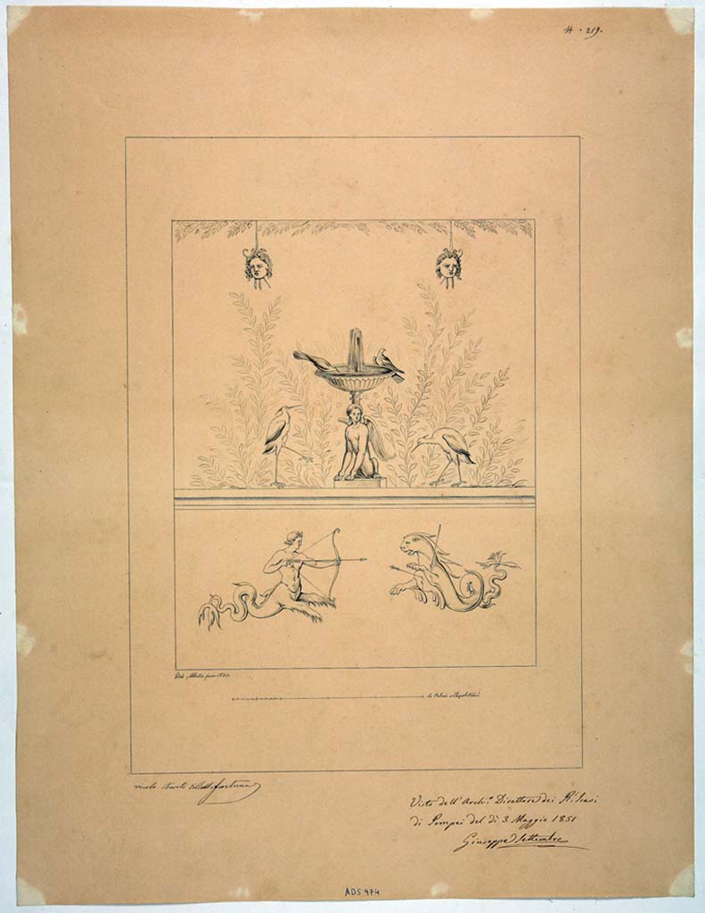 IX.2.7 Pompeii. Drawing by Giuseppe Abbate, 1851, of painted east wall of garden area, today totally faded.
This drawing made a short time after the excavation remains, together with the description, the only evidence of the decoration.
See Helbig, W., 1868. Wandgemälde der vom Vesuv verschütteten Städte Campaniens. Leipzig: Breitkopf und Härtel, (1778b).
Now in Naples Archaeological Museum. Inventory number ADS 974.
Photo © ICCD. http://www.catalogo.beniculturali.it
Utilizzabili alle condizioni della licenza Attribuzione - Non commerciale - Condividi allo stesso modo 2.5 Italia (CC BY-NC-SA 2.5 IT)