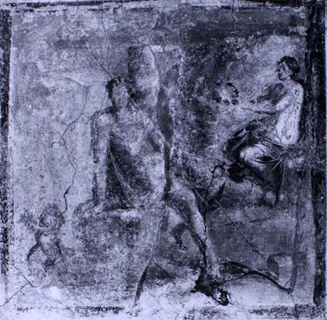IX.2.10 Pompeii. December 2007. Remains of stucco in cubiculum on south side of peristyle.