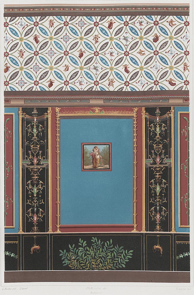 IX.2.10 Pompeii. Painting by Niccolini of wall with centre painting described by him as “Adonis and Venus”.
See Niccolini F, 1862. Le case ed i monumenti di Pompei: Volume Secondo. Napoli, Descrizione Generale, (Tav. XLVI). 
