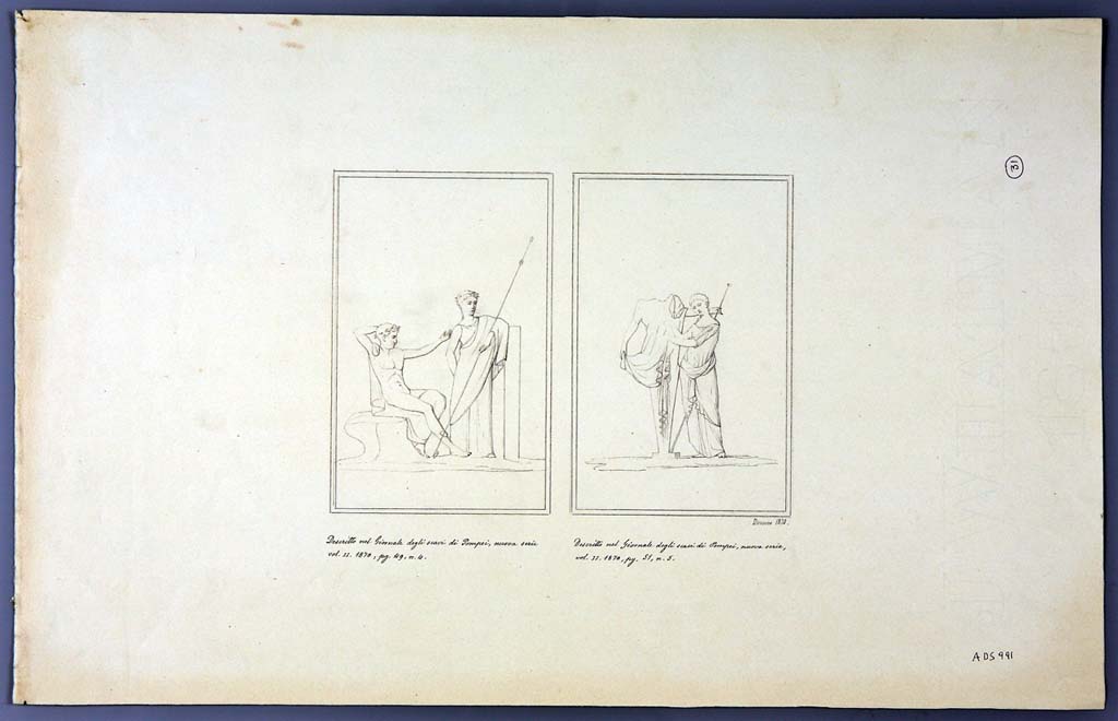 IX.2.21 Pompeii. Room 13, north wall of cubiculum.  Two drawings by Geremia Discanno, 1870, of paintings seen on the walls of this house.
The drawing on the left may be from the north wall of room 5 showing a sitting Dionysus and a standing Arianna.
The drawing on the right of a female figure standing near an archaic herm of Dionysus, from north wall of cubiculum, room 13.
Now in Naples Archaeological Museum. Inventory number ADS 991.
Photo � ICCD. http://www.catalogo.beniculturali.it
Utilizzabili alle condizioni della licenza Attribuzione - Non commerciale - Condividi allo stesso modo 2.5 Italia (CC BY-NC-SA 2.5 IT)
See Sogliano, A., 1879. Le pitture murali campane scoverte negli anni 1867-79. Napoli: Giannini. (p.52, no.243) 
See Bragantini, de Vos, Badoni, 1986. Pitture e Pavimenti di Pompei, Parte 3. Rome: ICCD. (p.424)
