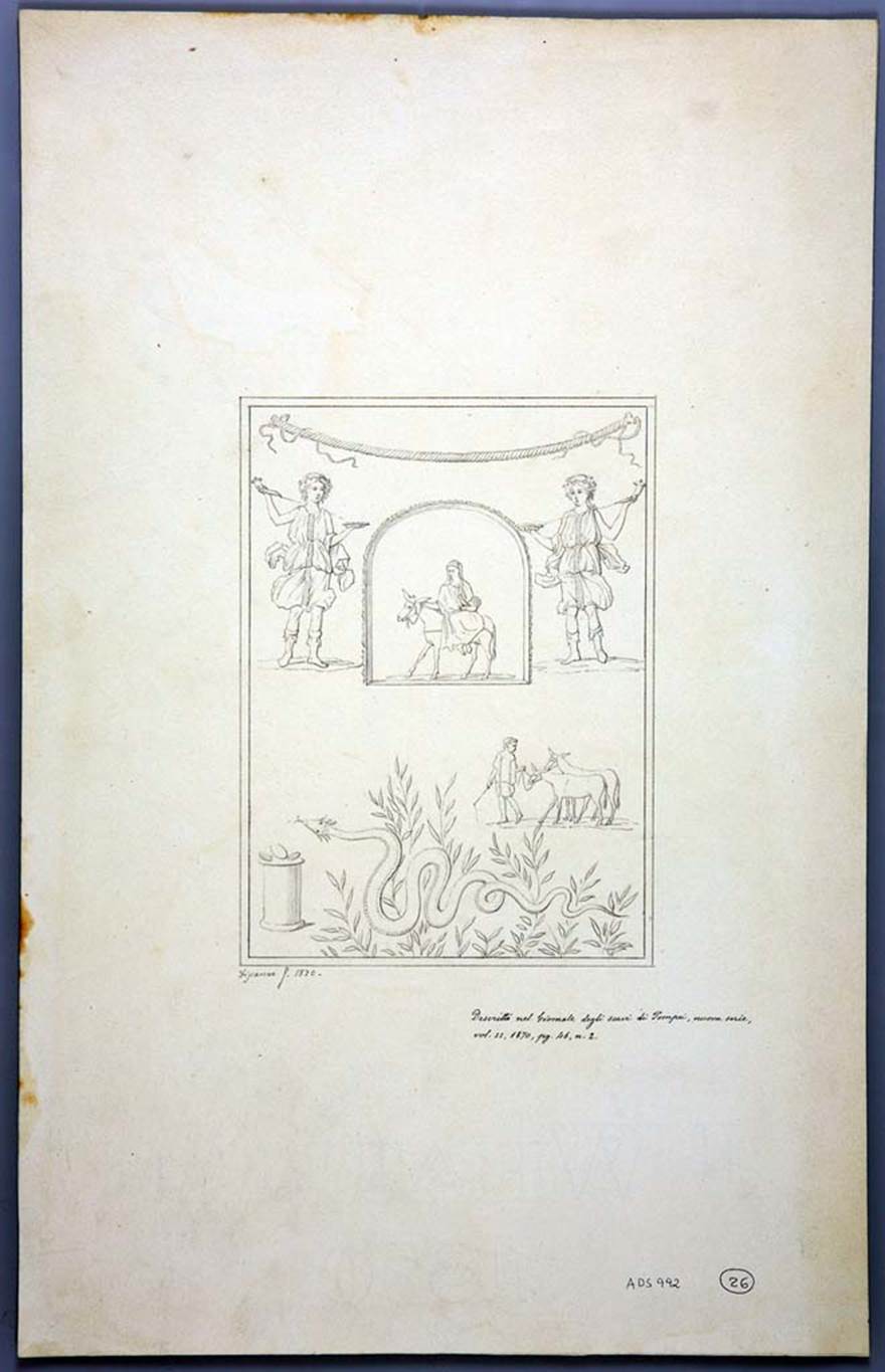 IX.2.24 Pompeii. Drawing by Geremia Discanno, 1870, of painting as seen on west wall with lararium and niche.
Now in Naples Archaeological Museum. Inventory number ADS 992.
Photo � ICCD. http://www.catalogo.beniculturali.it
Utilizzabili alle condizioni della licenza Attribuzione - Non commerciale - Condividi allo stesso modo 2.5 Italia (CC BY-NC-SA 2.5 IT)

