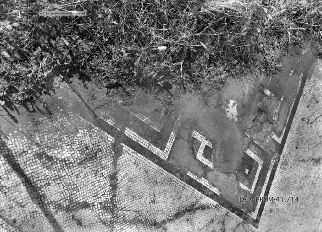 IX.3.1/2 Pompeii. c.1930. Mosaic floor of room on left of entrance corridor of IX.3.2.
It is believed that originally this room was linked to the atrium by a doorway at the south end of the east wall, and probably used as a triclinium.
Later, it’s use was changed to a workshop.
This white mosaic floor with a simple border of black tesserae was decorated with a square “carpet” of a meander pattern including squares in four colours.
DAIR 41.714. Photo © Deutsches Archäologisches Institut, Abteilung Rom, Arkiv.
See Pernice, E. 1938. Pavimente und Figürliche Mosaiken: Die Hellenistische Kunst in Pompeji, Band VI. Berlin: de Gruyter,
see tav. 36.5, above.)