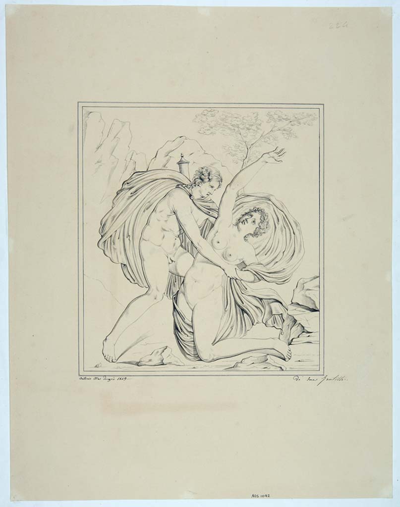 IX.3.5 Pompeii. Drawing by Antonio Ala, 1849, of Apollo and Daphne from the south wall of the triclinium.
See Helbig, W., 1868. Wandgemälde der vom Vesuv verschütteten Städte Campaniens. Leipzig: Breitkopf und Härtel, (207).
Now in Naples Archaeological Museum. Inventory number ADS 1092.
Photo © ICCD. http://www.catalogo.beniculturali.it
Utilizzabili alle condizioni della licenza Attribuzione - Non commerciale - Condividi allo stesso modo 2.5 Italia (CC BY-NC-SA 2.5 IT)