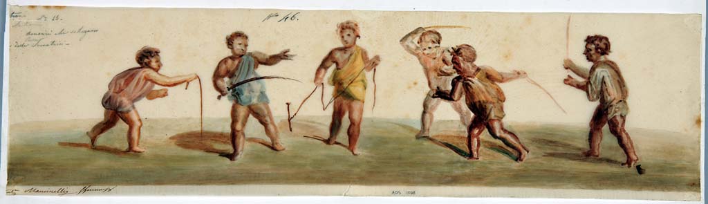 IX.3.5 Pompeii. Room 25, copy painting by Michele Mastracchio of original painting of children playing, seen in the frieze of exedra, room 25.
See Helbig, W., 1868. Wandgemälde der vom Vesuv verschütteten Städte Campaniens. Leipzig: Breitkopf und Härtel, (1477).
Now in Naples Archaeological Museum. Inventory number ADS 1078.
Photo © ICCD. http://www.catalogo.beniculturali.it
Utilizzabili alle condizioni della licenza Attribuzione - Non commerciale - Condividi allo stesso modo 2.5 Italia (CC BY-NC-SA 2.5 IT)
Original painting now in Naples Archaeological Museum. Inventory number 9103.