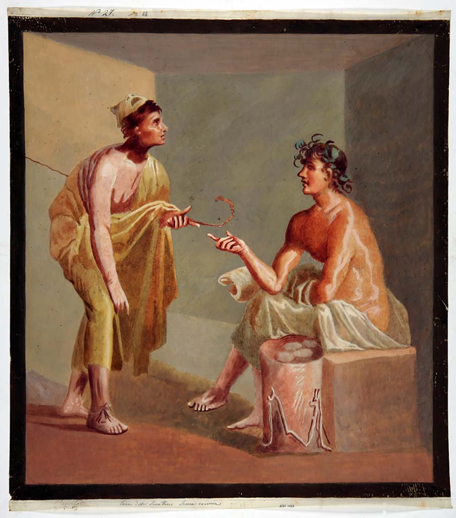 IX.3.5 Pompeii. Room 13, central painting from west wall, copy by Michele Mastracchio, 1850, of a painting of a seated poet with a comic actor.
Now in Naples Archaeological Museum. Inventory number ADS 1045.
Photo © ICCD. http://www.catalogo.beniculturali.it
Utilizzabili alle condizioni della licenza Attribuzione - Non commerciale - Condividi allo stesso modo 2.5 Italia (CC BY-NC-SA 2.5 IT)
See Helbig, W., 1868. Wandgemälde der vom Vesuv verschütteten Städte Campaniens. Leipzig: Breitkopf und Härtel.(p.346, 1455).
See Bragantini, de Vos, Badoni, 1986. Pitture e Pavimenti di Pompei, Parte 3. Rome: ICCD. (p. 437)