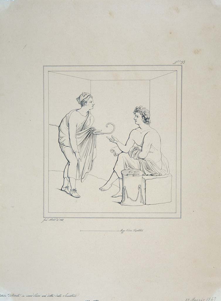 IX.3.5 Pompeii. Room 13, west wall, centre panel. Drawing by Giuseppe Abbate, 1847.
Copy of painting of a seated poet, on the right, talking with an actor who has a comic mask on his head.
Now in Naples Archaeological Museum. Inventory number ADS 1082.
Photo © ICCD. http://www.catalogo.beniculturali.it
Utilizzabili alle condizioni della licenza Attribuzione - Non commerciale - Condividi allo stesso modo 2.5 Italia (CC BY-NC-SA 2.5 IT)