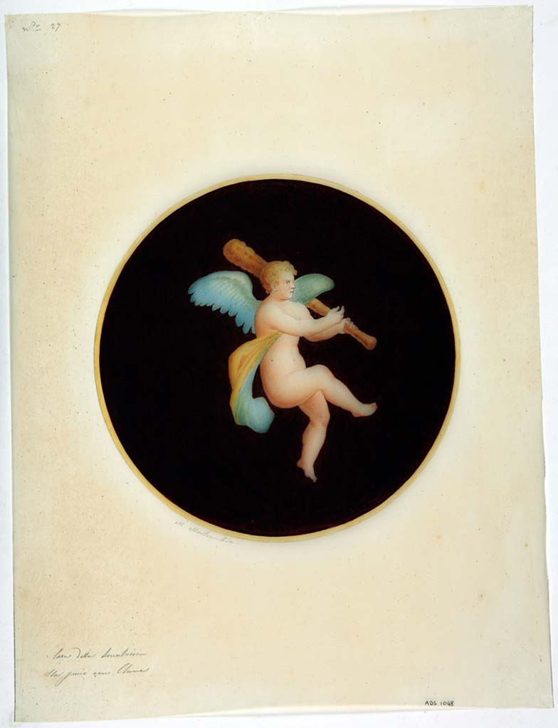 IX.3.5 Pompeii. Painting by Michele Mastracchio, of painted medallion of a Cupid with a club, seen on the west wall at the south end.
Now in Naples Archaeological Museum. Inventory number ADS 1048.
Photo © ICCD. http://www.catalogo.beniculturali.it
Utilizzabili alle condizioni della licenza Attribuzione - Non commerciale - Condividi allo stesso modo 2.5 Italia (CC BY-NC-SA 2.5 IT)
The original painted medallion was detached and taken to Naples Archaeological Museum, inventory number 9341.
See Helbig, W., 1868. Wandgemälde der vom Vesuv verschütteten Städte Campaniens. Leipzig: Breitkopf und Härtel, (647).
