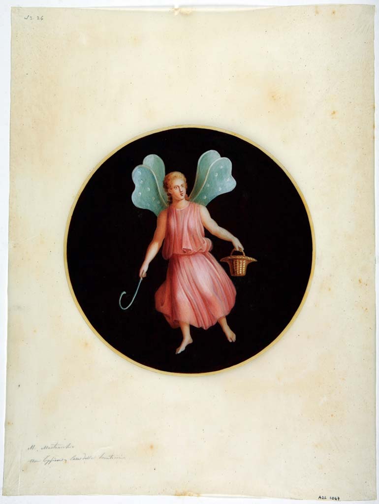 IX.3.5 Pompeii. Copy by Michele Mastracchio of a painting in a medallion of a flying Psyche with hook and basket.
Now in Naples Archaeological Museum. Inventory number ADS 1047.
Photo © ICCD. http://www.catalogo.beniculturali.it
Utilizzabili alle condizioni della licenza Attribuzione - Non commerciale - Condividi allo stesso modo 2.5 Italia (CC BY-NC-SA 2.5 IT)
The original was seen at the east end of the south wall, and then detached and taken to Naples Archaeological Museum, inv. no. 9344.
See Helbig, W., 1868. Wandgemälde der vom Vesuv verschütteten Städte Campaniens. Leipzig: Breitkopf und Härtel, (840).