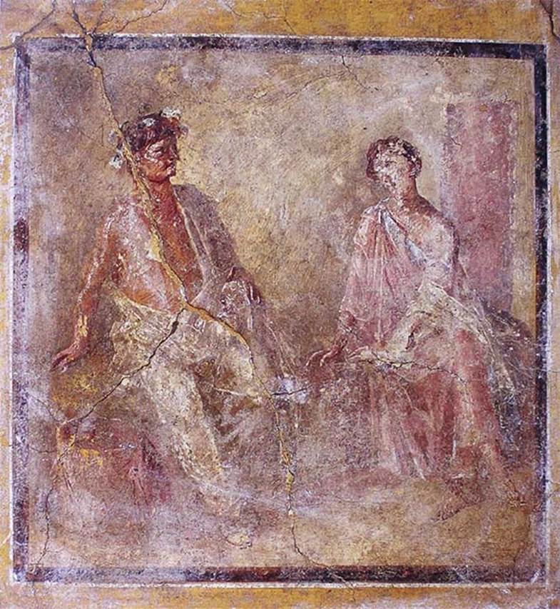 IX.3.5 Pompeii. Room 13, south wall. Painting of sitting Poet with comic mask, and Muse.
Now in Naples Archaeological Museum. Inventory number 9030.
See Helbig, W., 1868. Wandgemälde der vom Vesuv verschütteten Städte Campaniens. Leipzig: Breitkopf und Härtel, (1458).